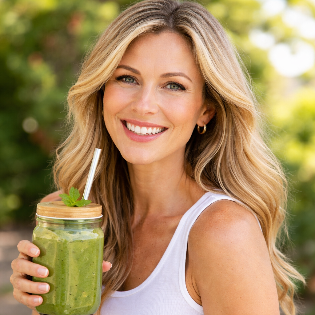 Sarah Mitchell smiling outdoors with a green smoothie